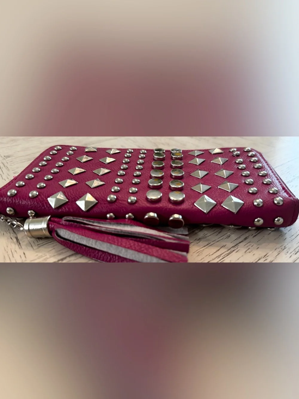Fuchsia Pink Studded Zip Around Wallet Silver Hardware Tassel Y2K